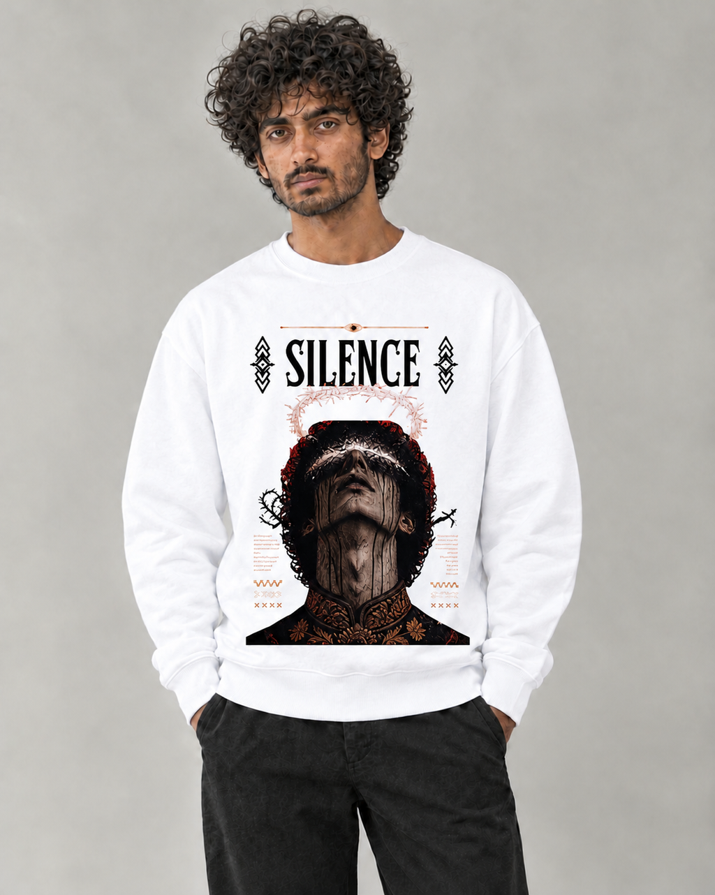 Silence Sweatshirt in White on model, front view