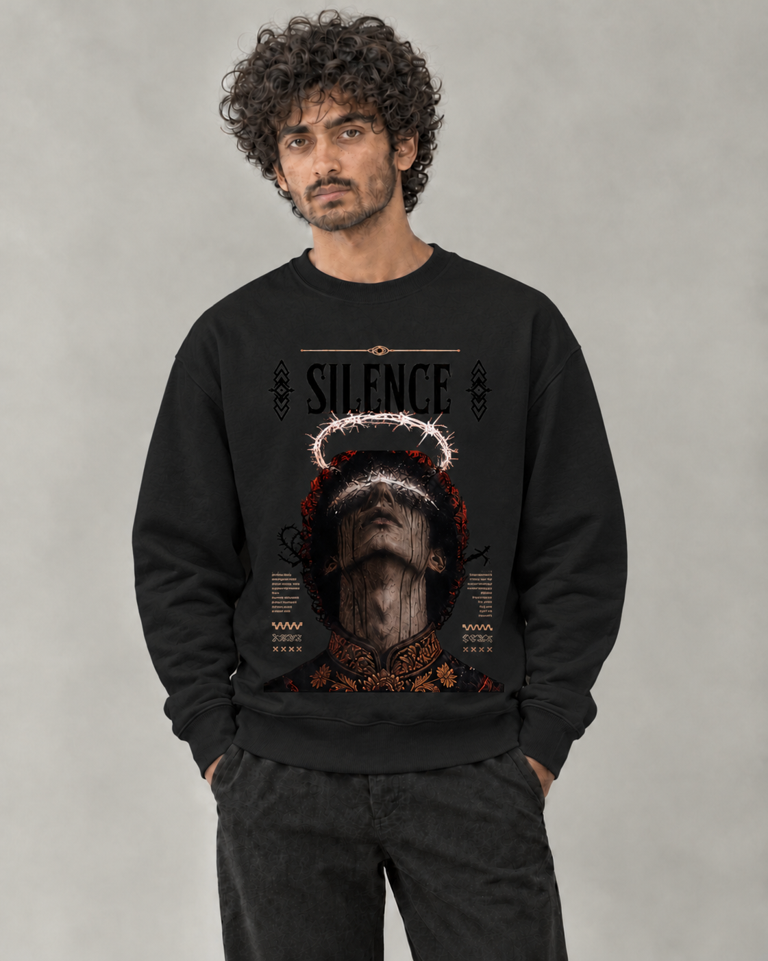 Silence Sweatshirt in Black on model, front view