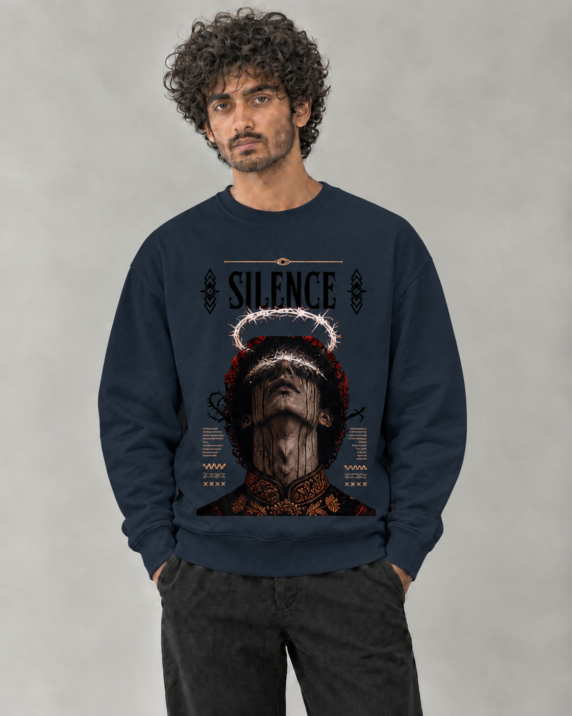 Silence Sweatshirt in Navy Blue on model, front view