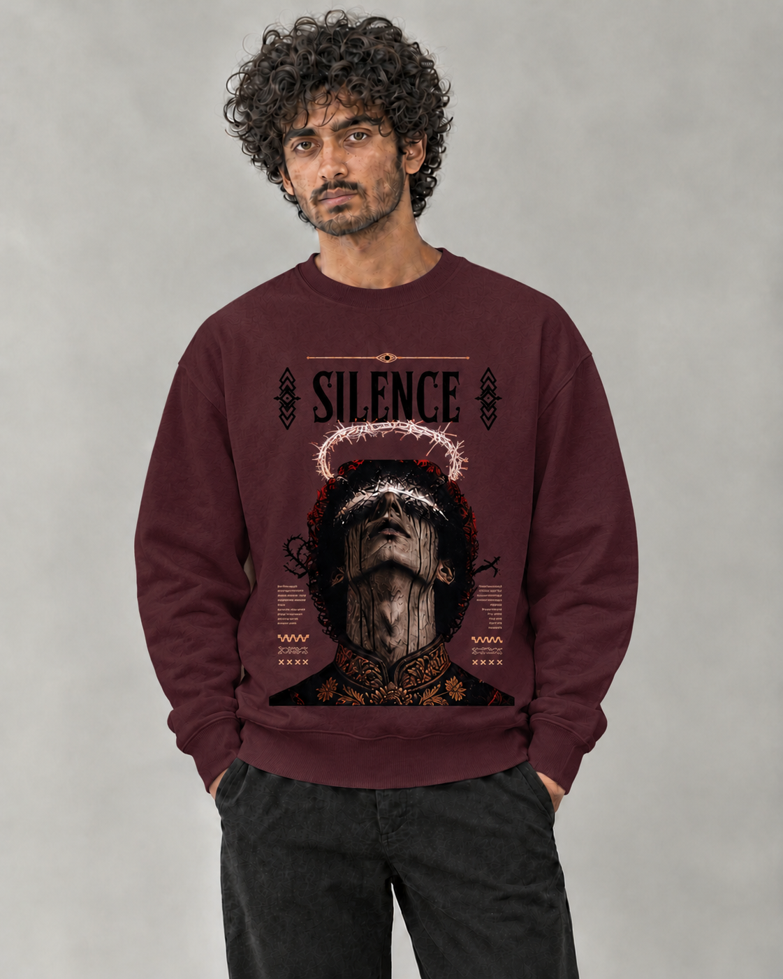 Silence Sweatshirt in Maroon on model, front view