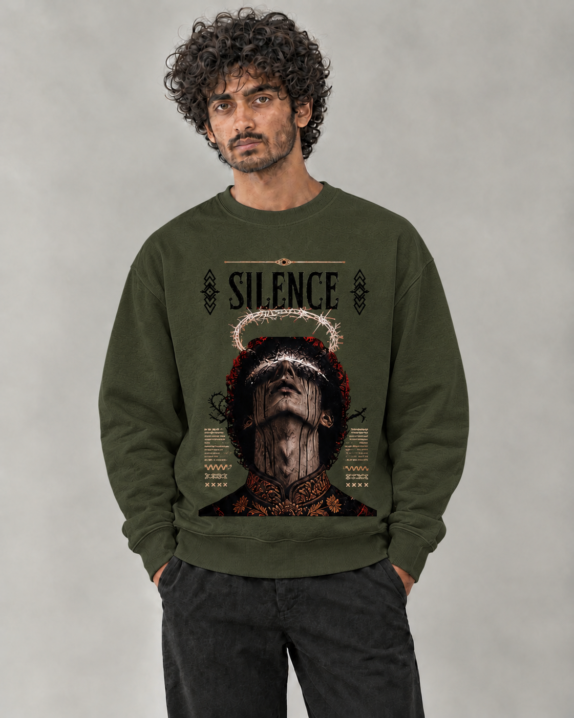 Silence Sweatshirt in Olive Green on model, front view