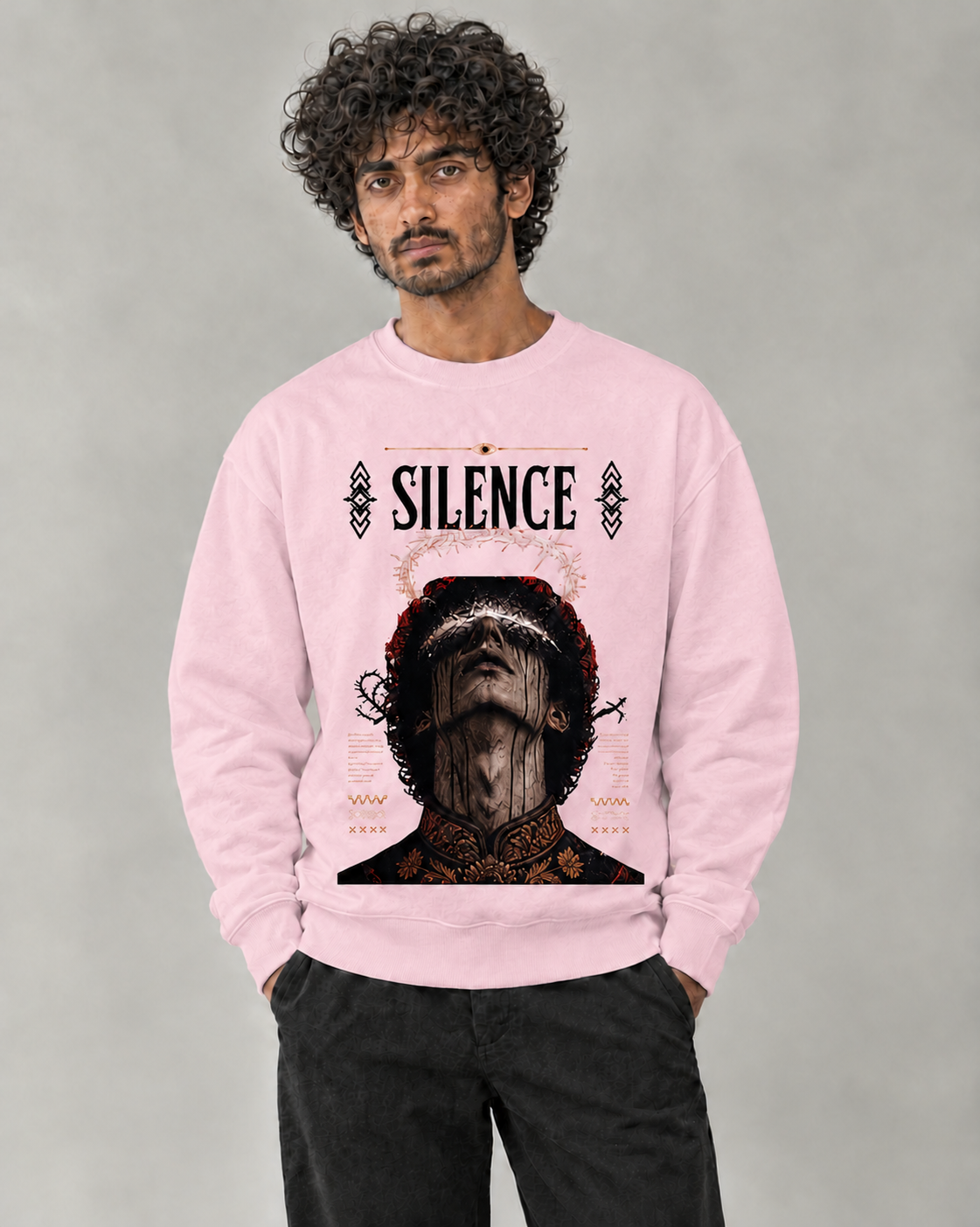 Silence Sweatshirt in Light Baby Pink on model, front view