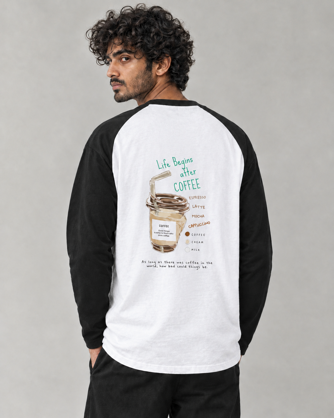 Life Begins After Coffee raglan tee in Black White on model, back view