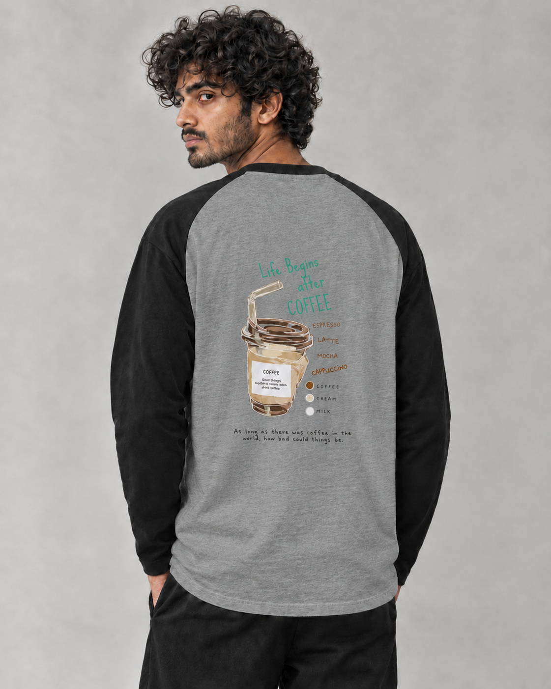 Life Begins After Coffee raglan tee in Black Charcoal Melange on model, back view