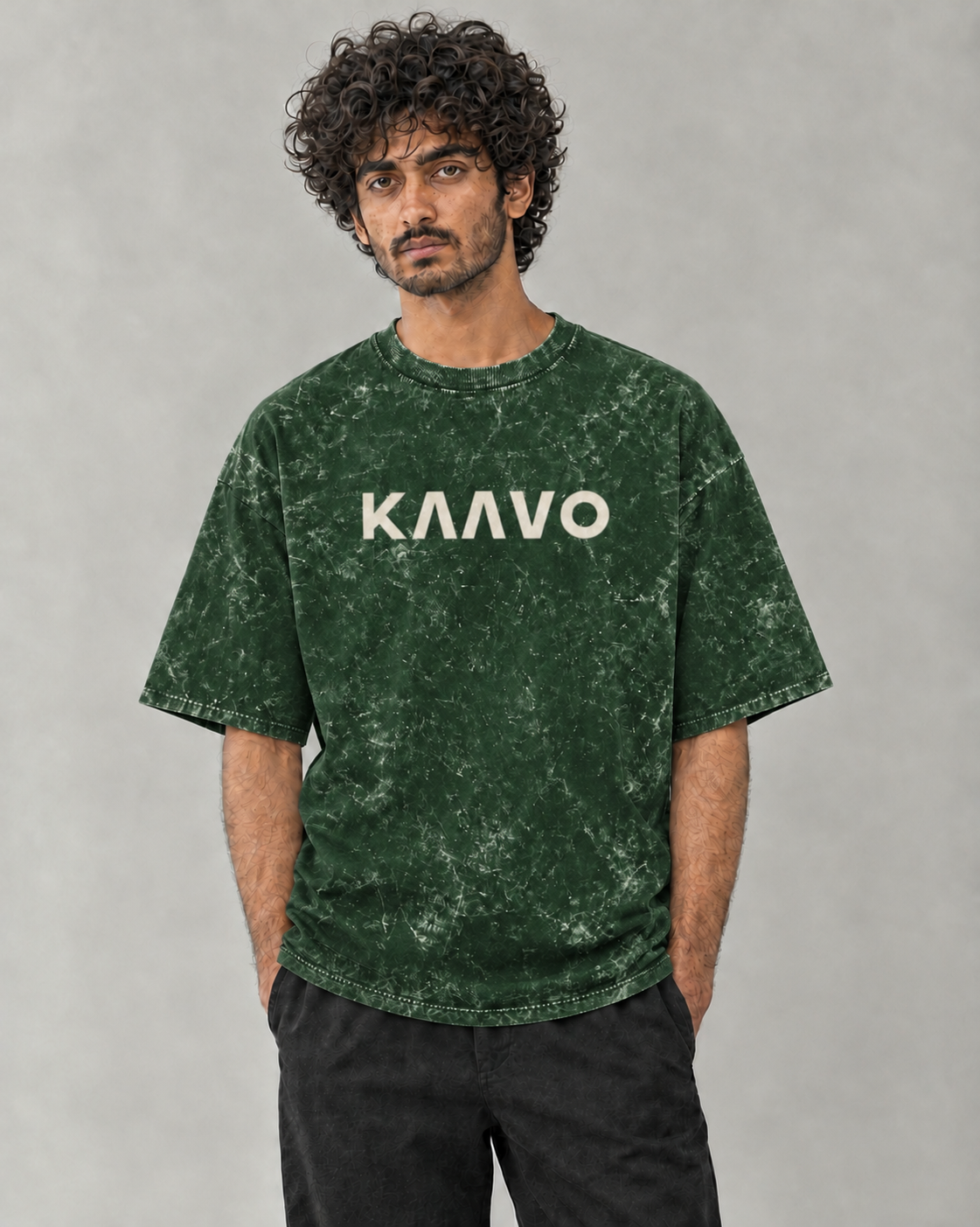 Kaavo acid-wash oversized tee in Bottle Green on model, front view