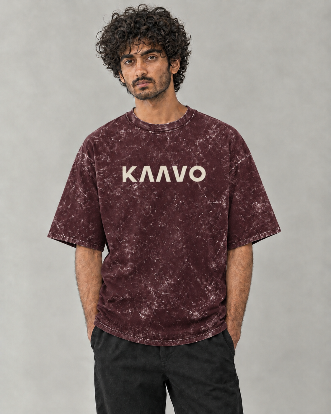 Kaavo acid-wash oversized tee in Maroon on model, front view