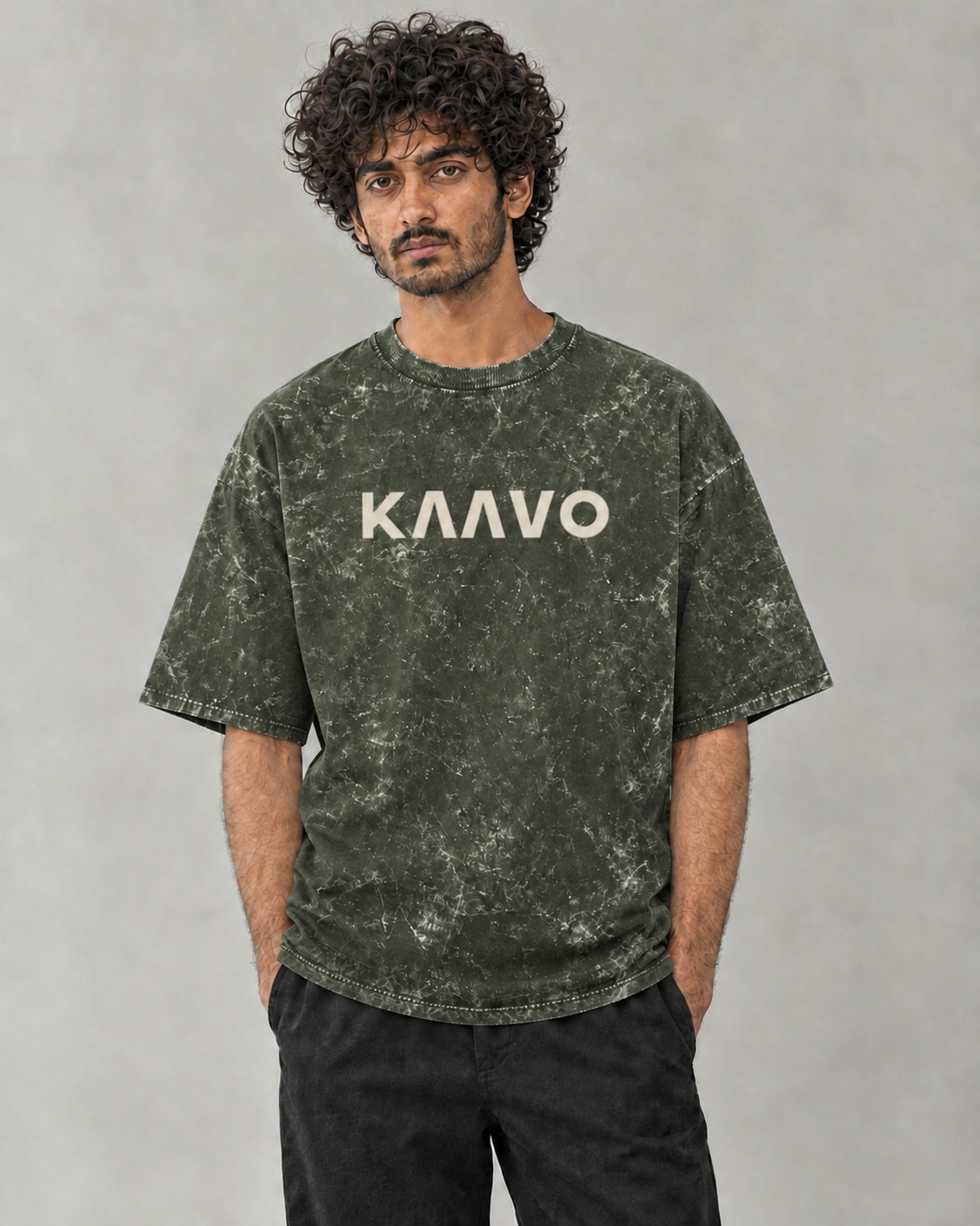 Kaavo acid-wash oversized tee in Olive Green on model, front view