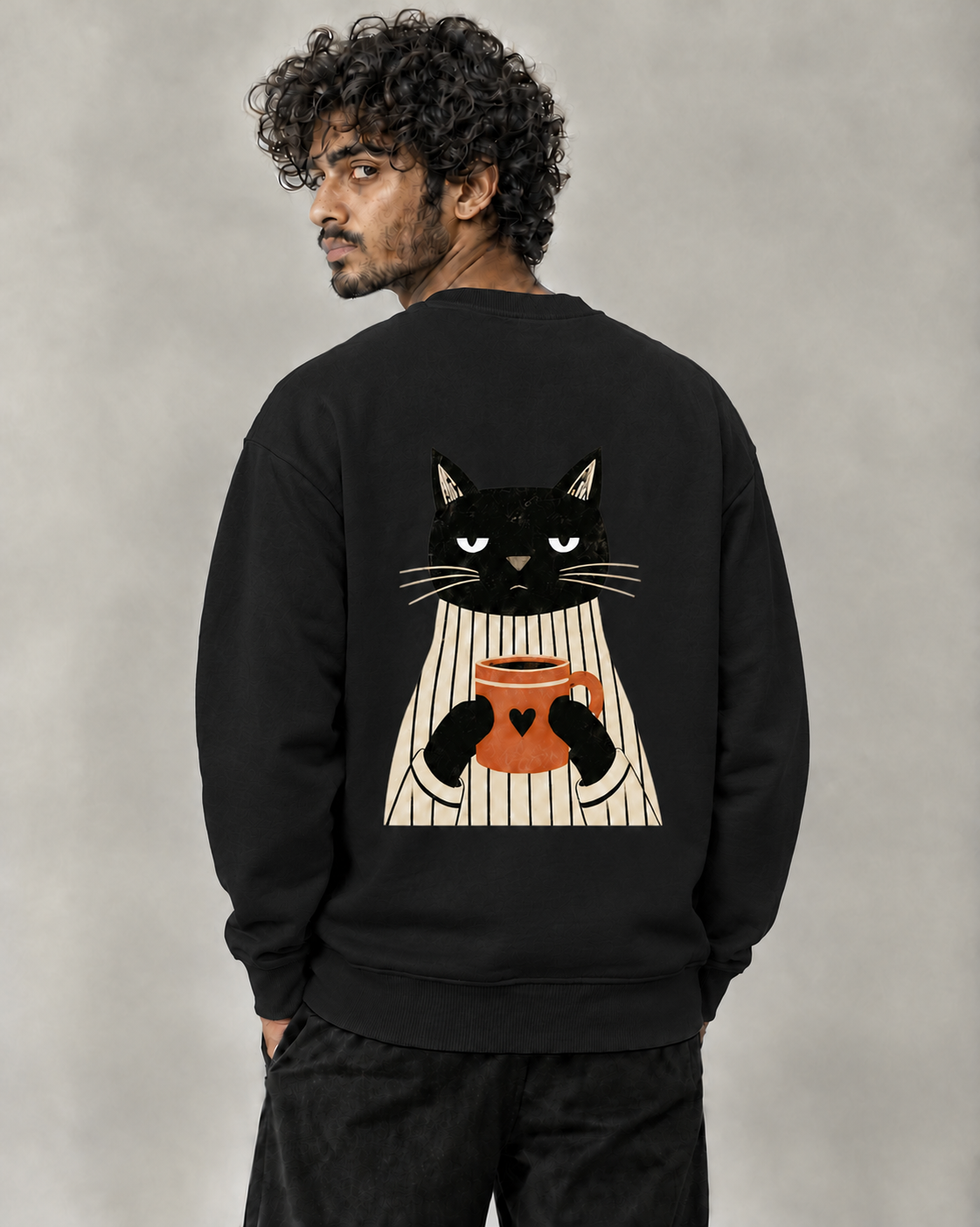Not Before Coffee sweatshirt in Black on model, back view