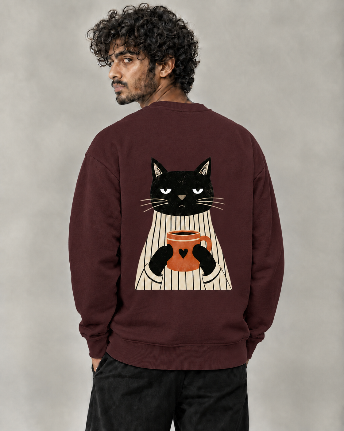 Not Before Coffee sweatshirt in Maroon on model, back view