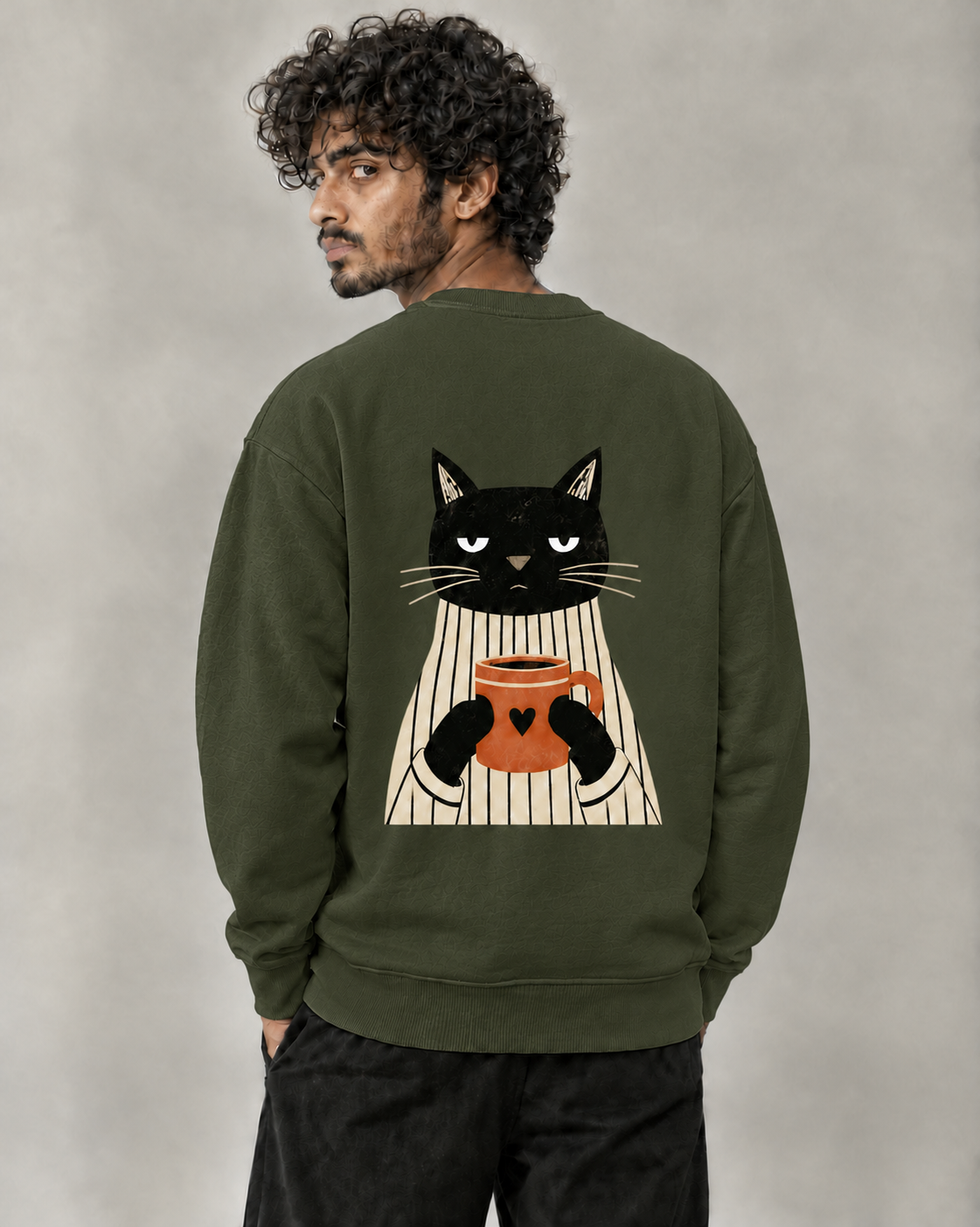Not Before Coffee sweatshirt in Olive Green on model, back view