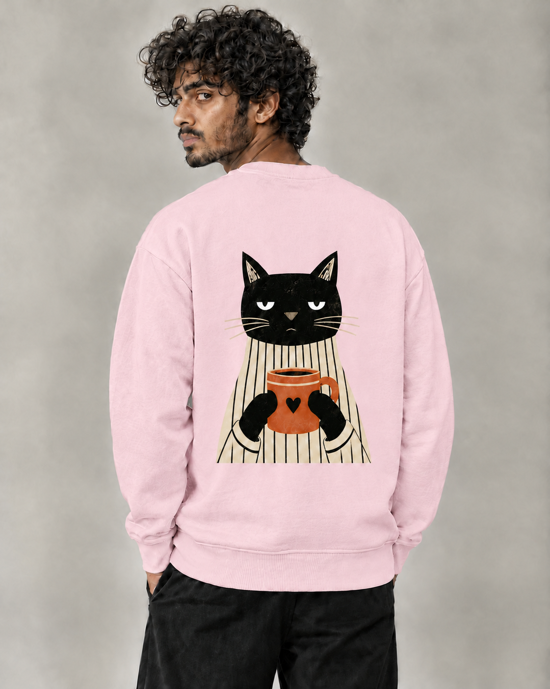 Not Before Coffee sweatshirt in Light Baby Pink on model, back view