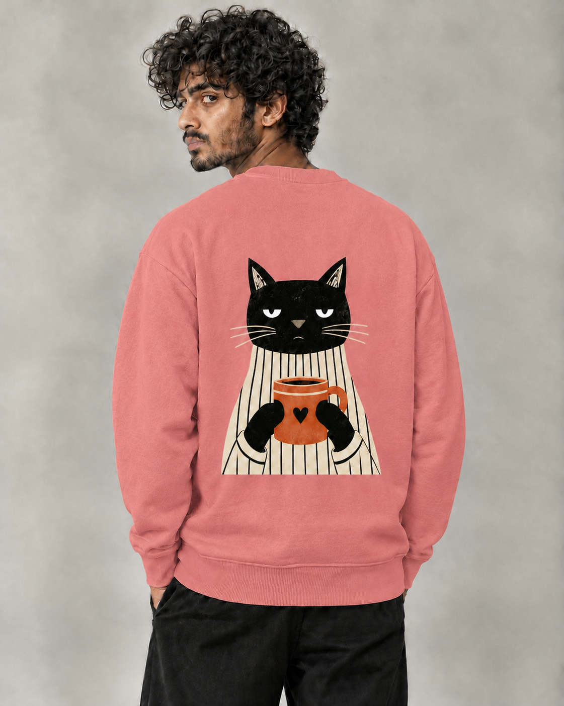 Not Before Coffee sweatshirt in Coral on model, back view