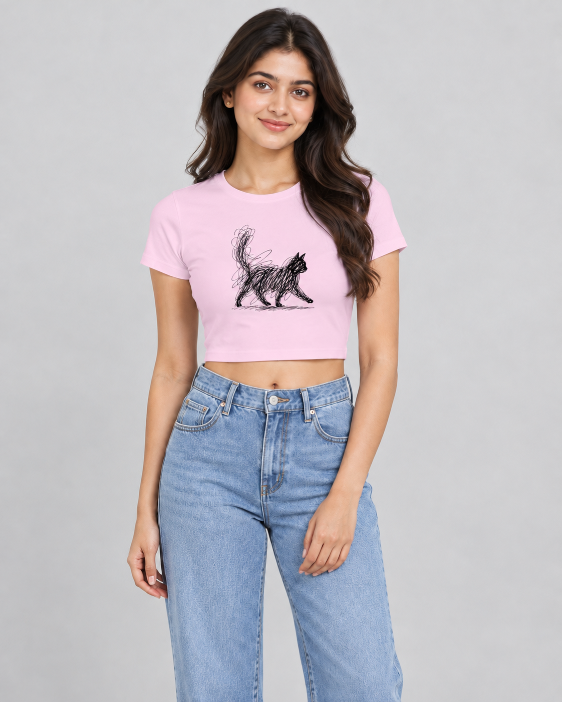 Scribble Cat Baby Tee in Light Baby Pink on model, front view