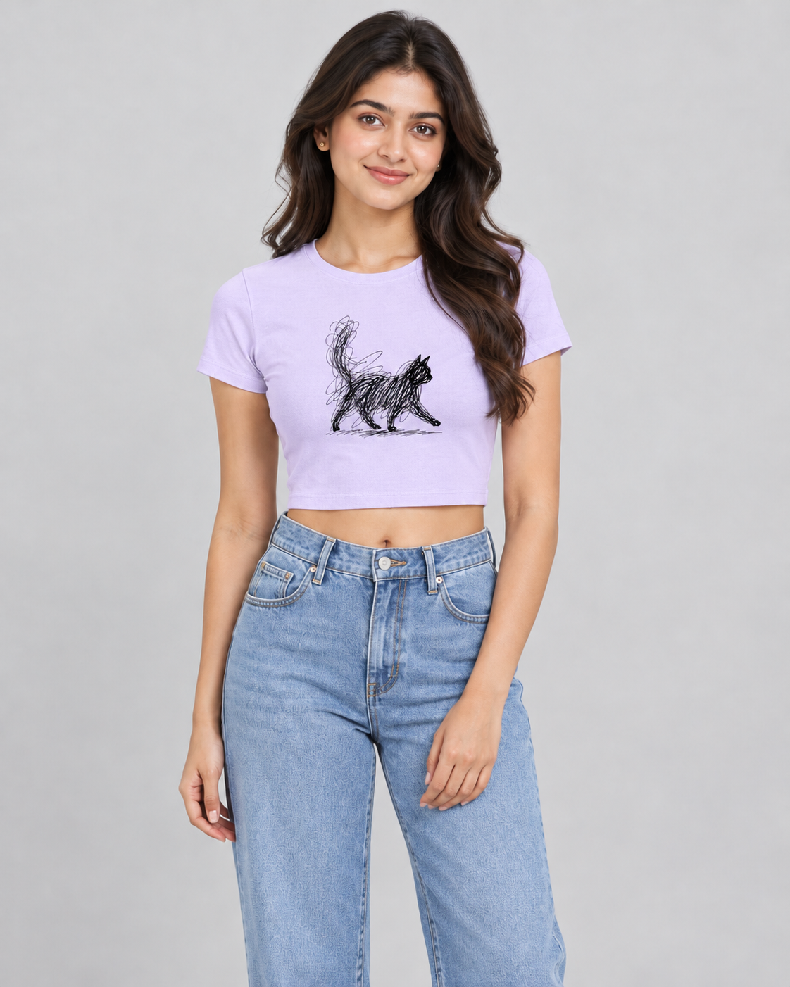 Scribble Cat Baby Tee in Lavender on model, front view
