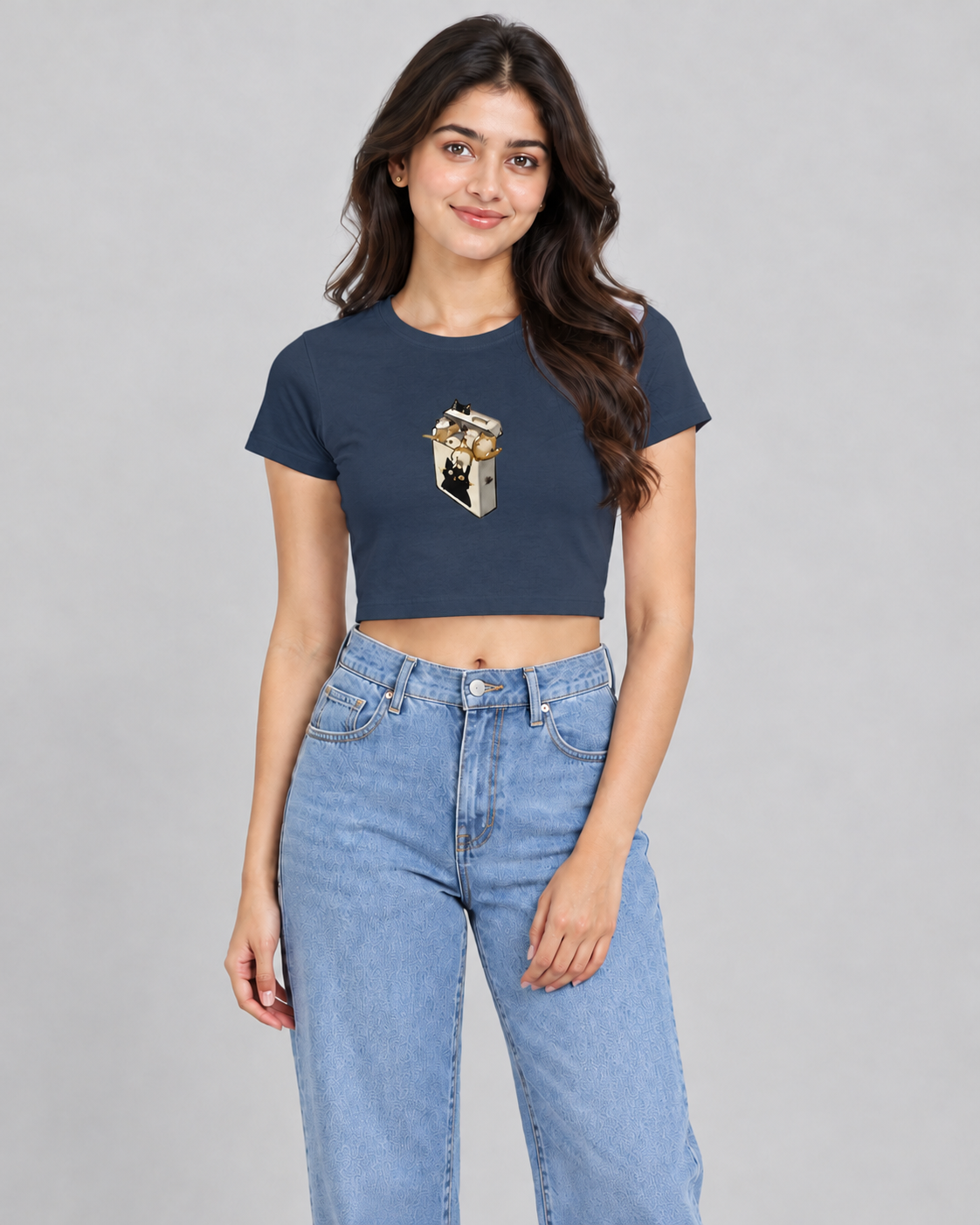 Box of Cats Crop Top in Navy Blue on model, front view