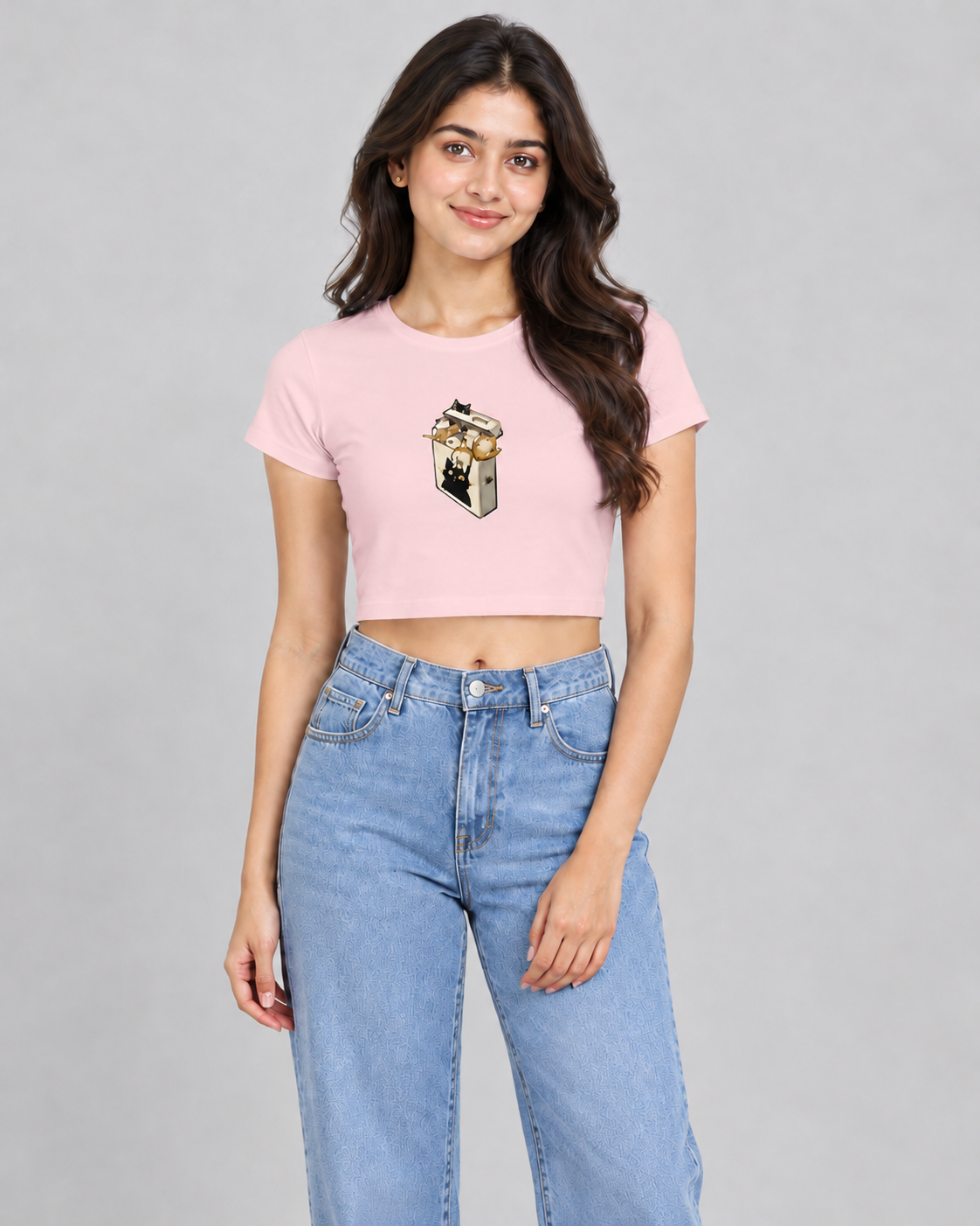 Box of Cats Crop Top in Light Baby Pink on model, front view