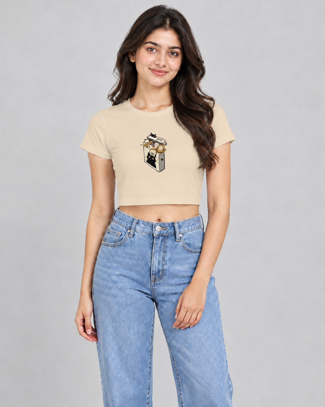 Box of Cats Crop Top in Beige on model, front view