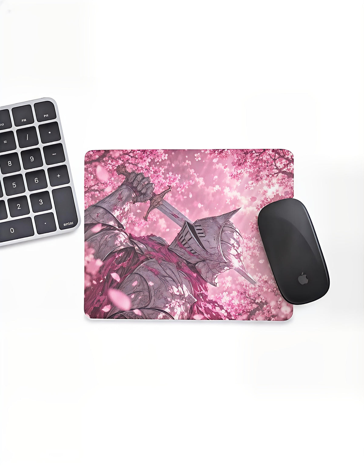 Blossom Knight mouse pad: anime knight with sword under pink cherry blossoms, on a desk