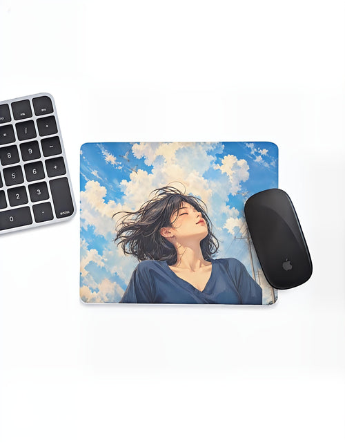 Cloud Nine mouse pad: anime girl among blue-sky clouds, on a desk
