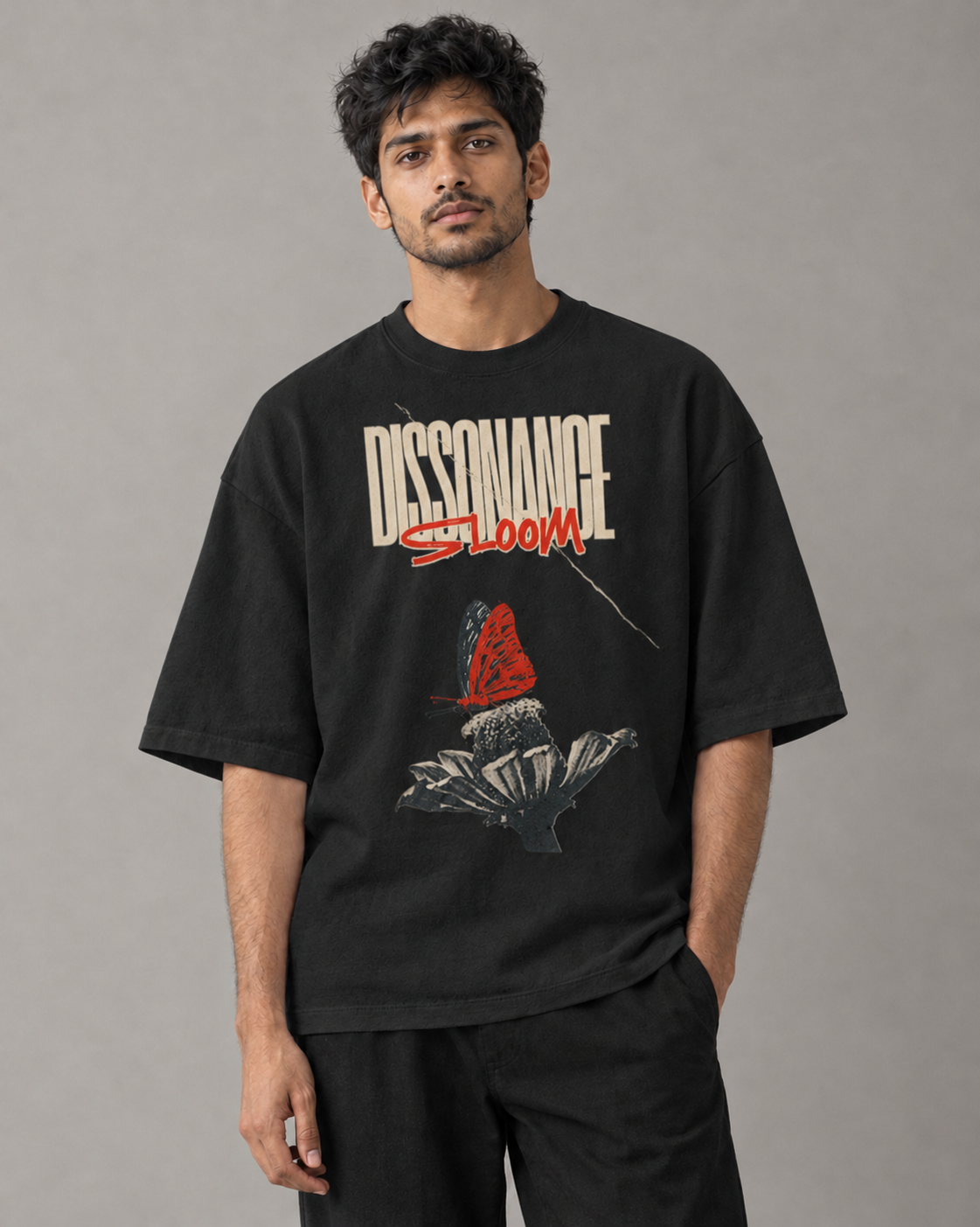 Kaavo Dissonance Bloom terry oversized tee in Black on model, front view