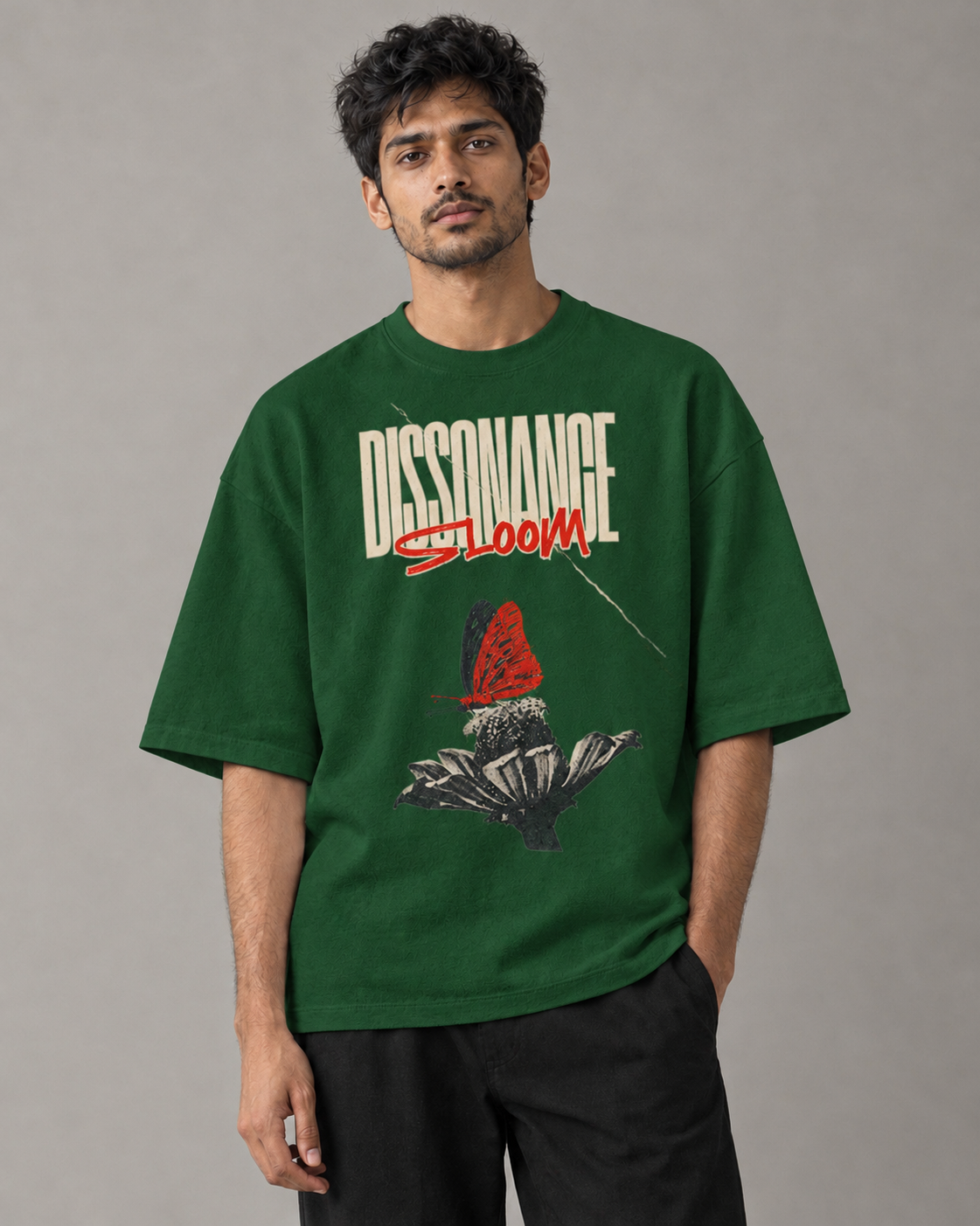 Kaavo Dissonance Bloom terry oversized tee in Bottle Green on model, front view