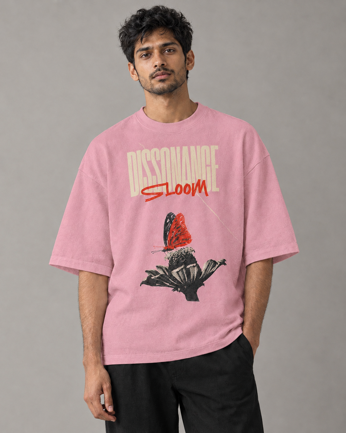 Kaavo Dissonance Bloom terry oversized tee in Flamingo on model, front view