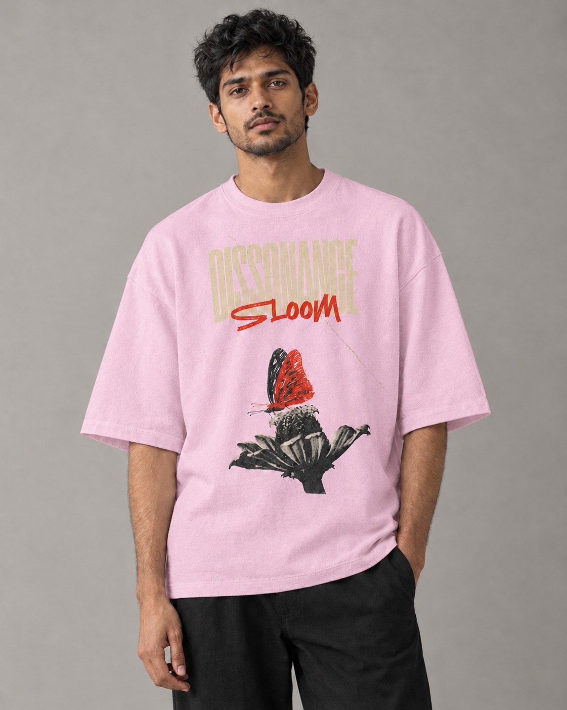 Kaavo Dissonance Bloom terry oversized tee in Light Baby Pink on model, front view