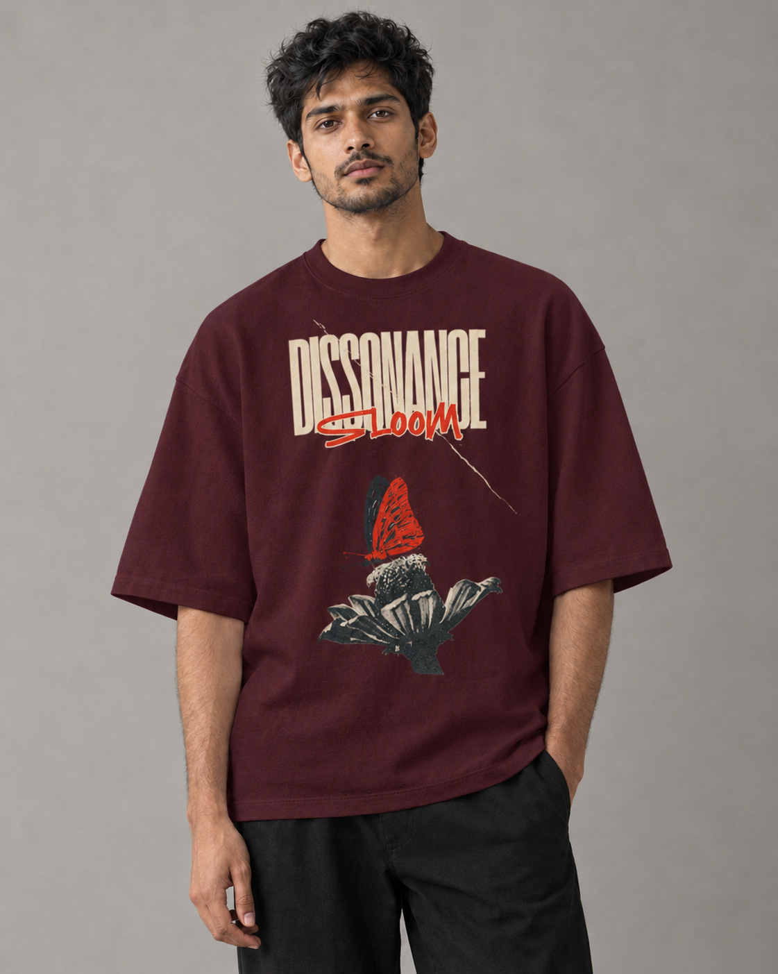 Kaavo Dissonance Bloom terry oversized tee in Maroon on model, front view