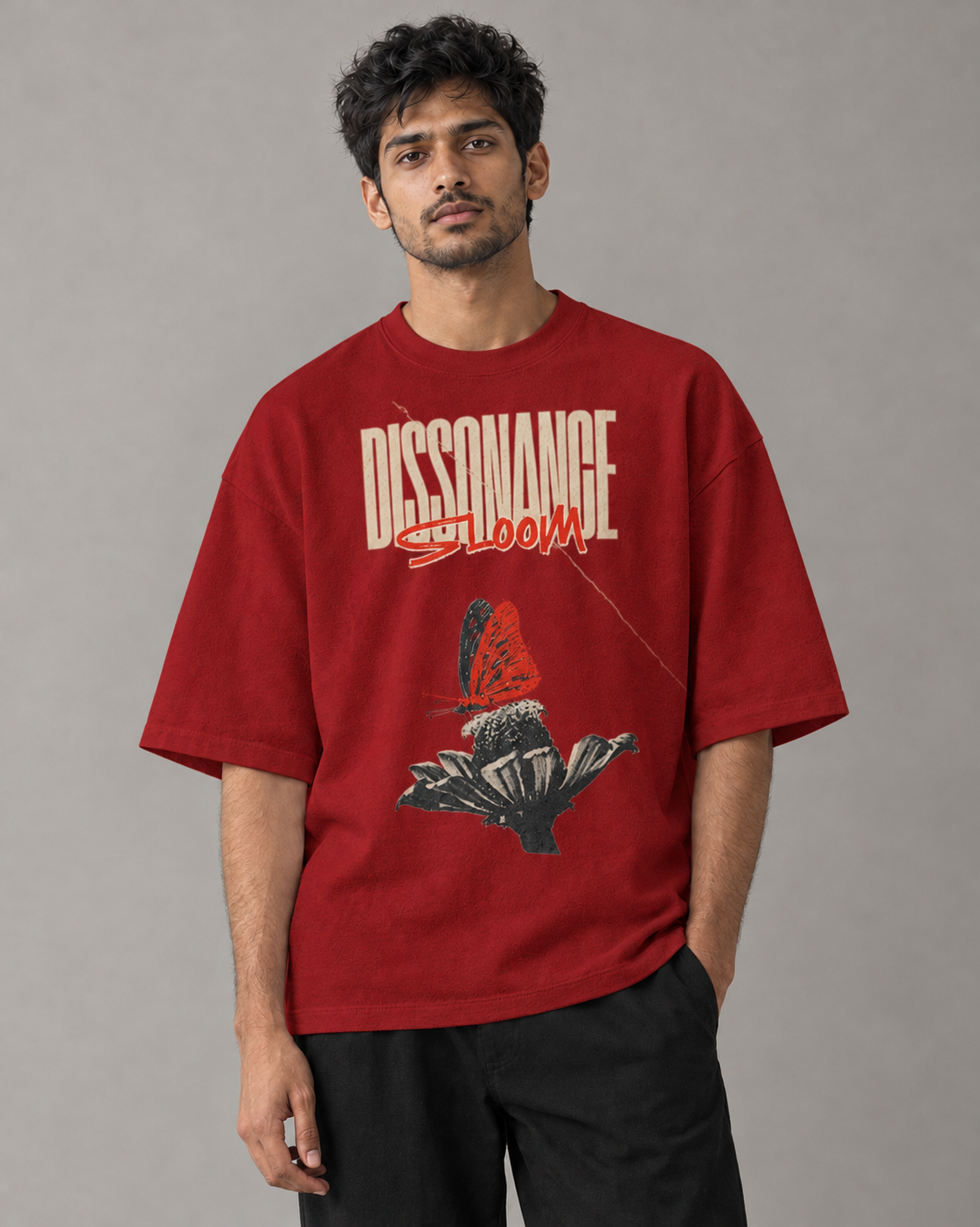 Kaavo Dissonance Bloom terry oversized tee in Red on model, front view