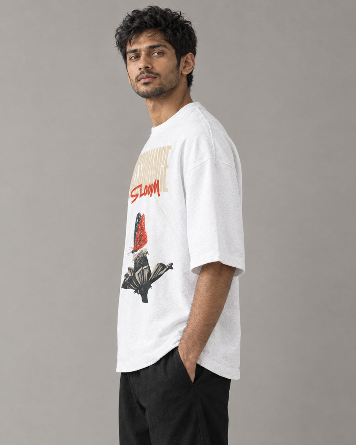 Kaavo Dissonance Bloom terry oversized tee in White on model, side view