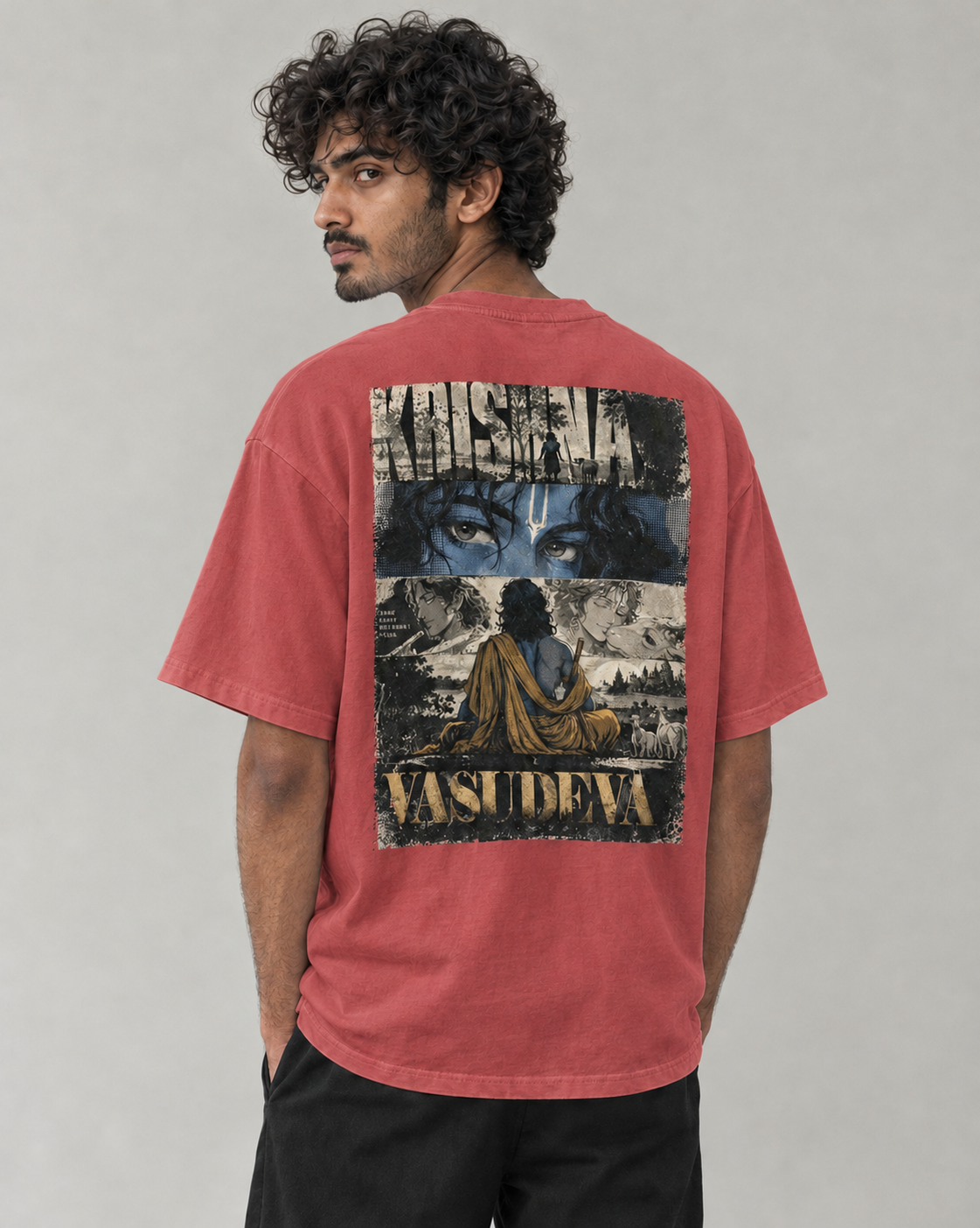 Kaavo Vasudeva oversized tee in Coral on model, back view