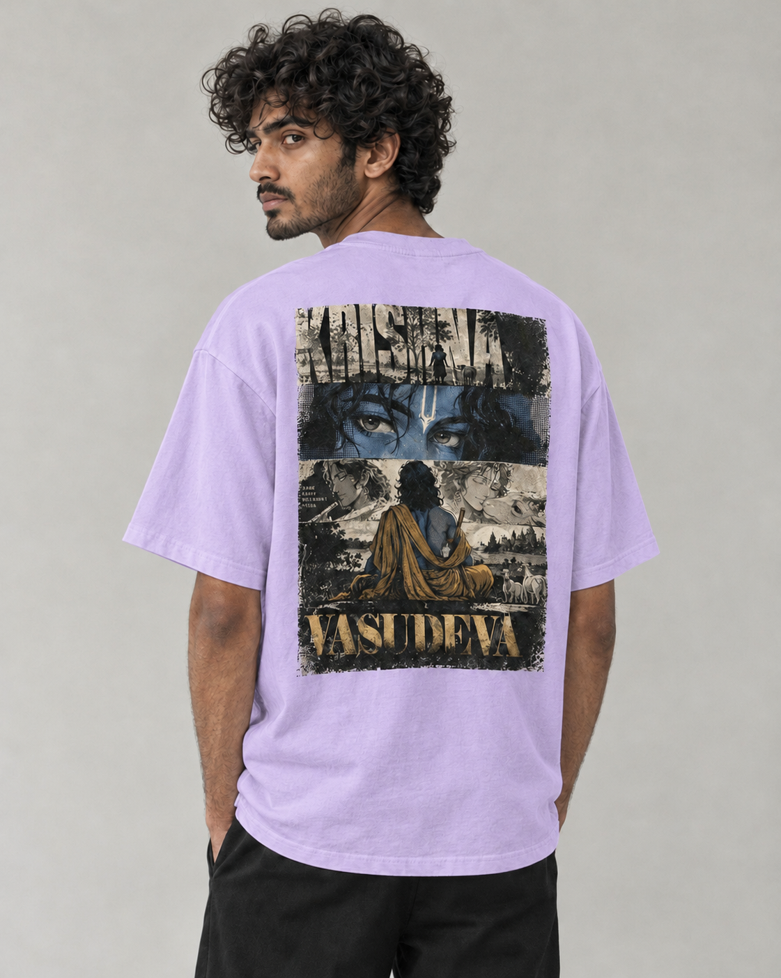 Kaavo Vasudeva oversized tee in Lavender on model, back view