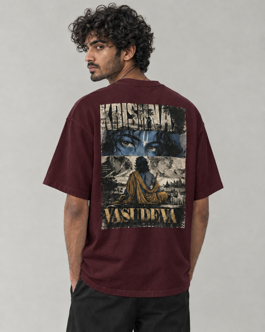 Kaavo Vasudeva oversized tee in Maroon on model, back view