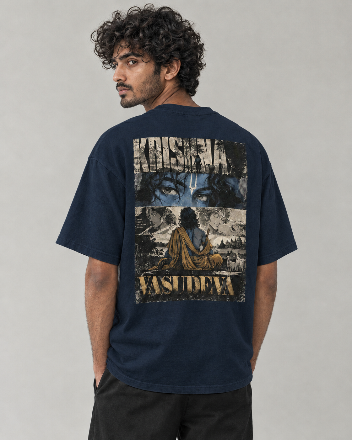 Kaavo Vasudeva oversized tee in Navy Blue on model, back view