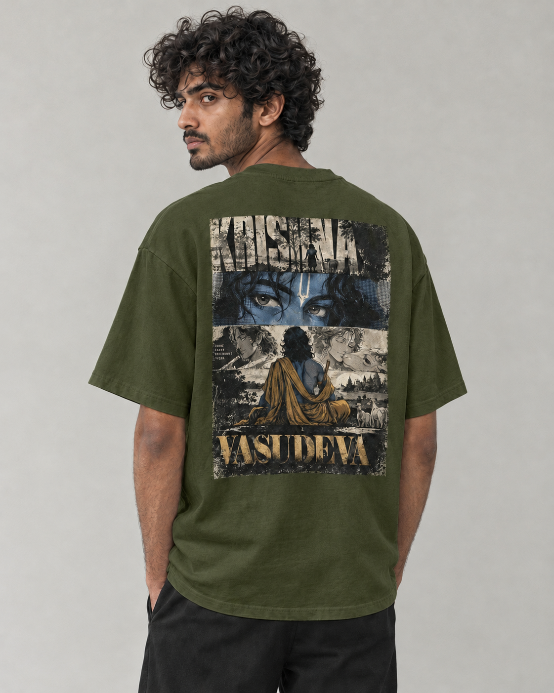 Kaavo Vasudeva oversized tee in Olive Green on model, back view