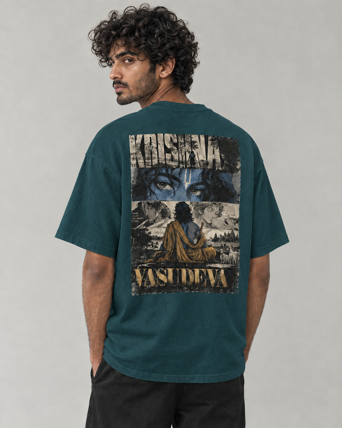Kaavo Vasudeva oversized tee in Petrol Blue on model, back view