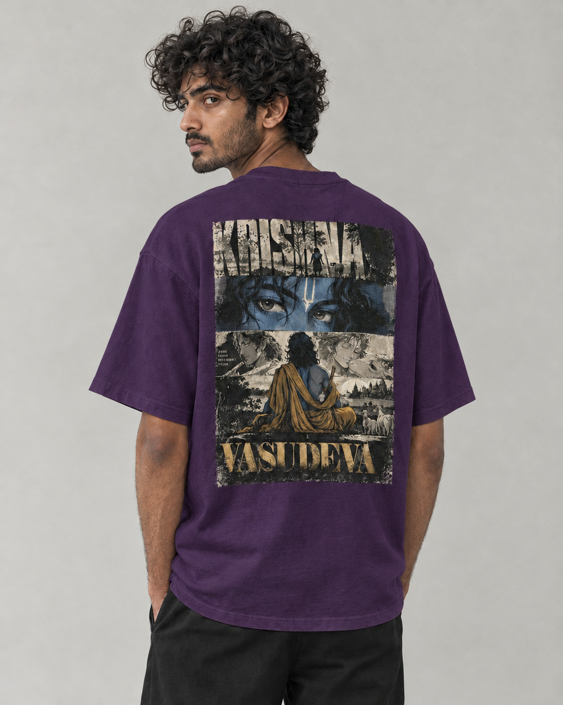 Kaavo Vasudeva oversized tee in Purple on model, back view