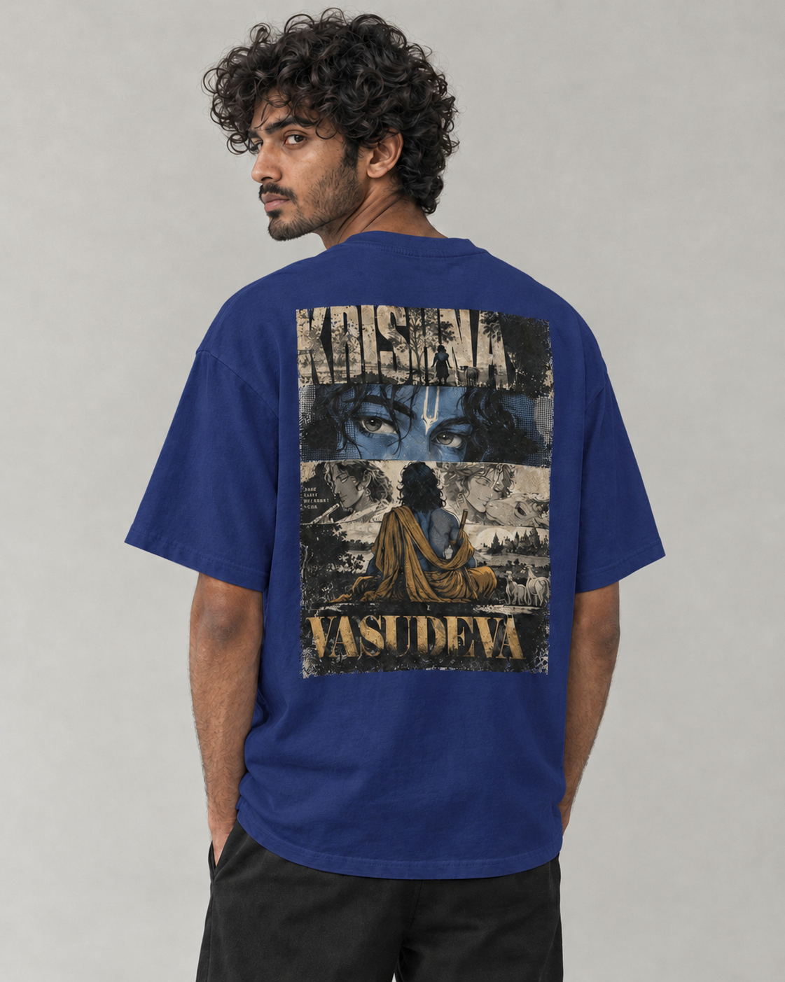 Kaavo Vasudeva oversized tee in Royal Blue on model, back view